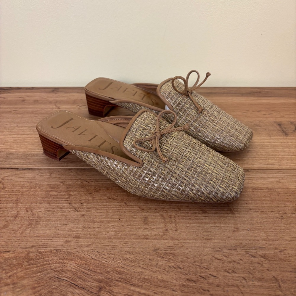 ERIC JAVITS Isla Bow Raffia Mule Peanut Women Size 7 Woven Straw Block Heel